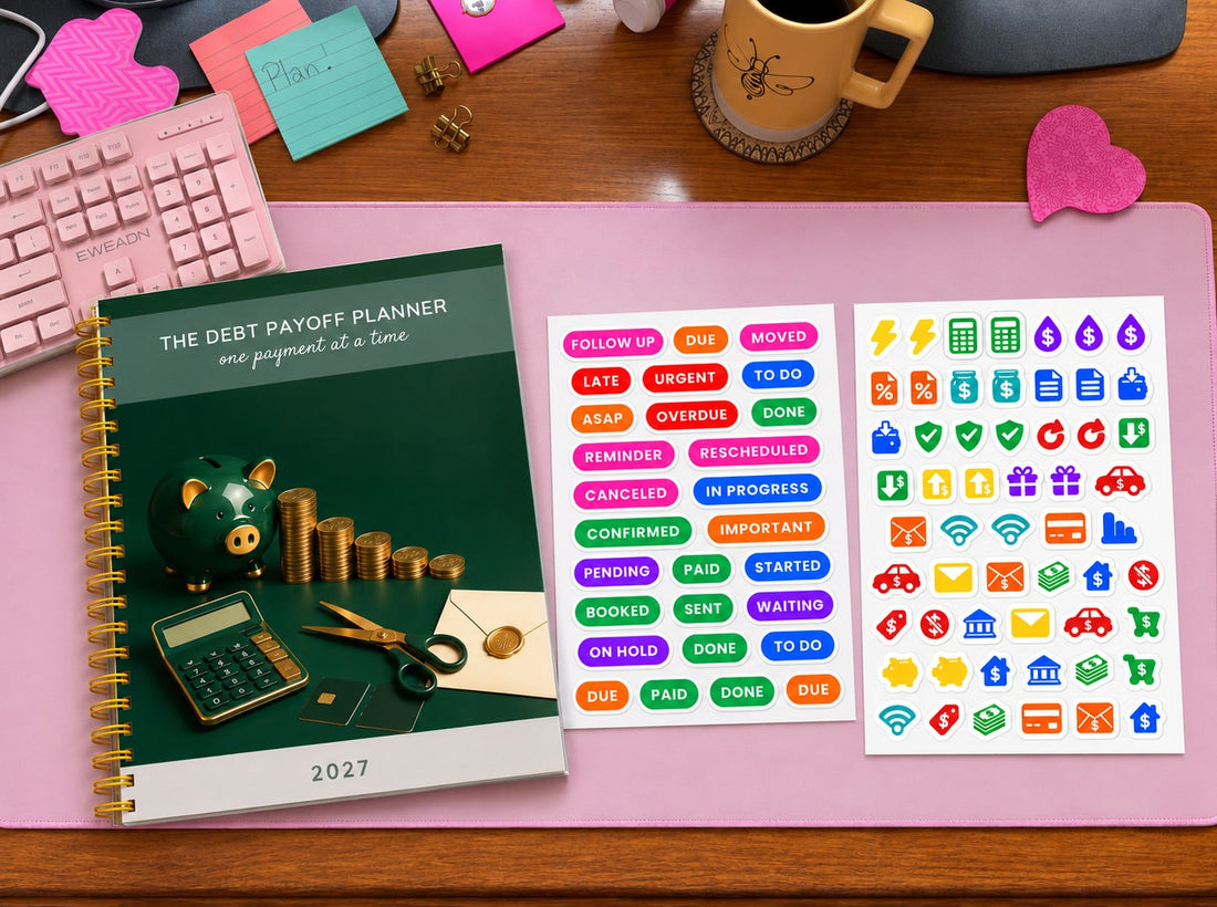 The Debt Payoff Planner 2027 with a green piggy bank and calculator cover on a pink desk mat, beside a status label sticker sheet reading Paid, Due and Overdue and a money icon sheet of dollar signs, credit cards and bills