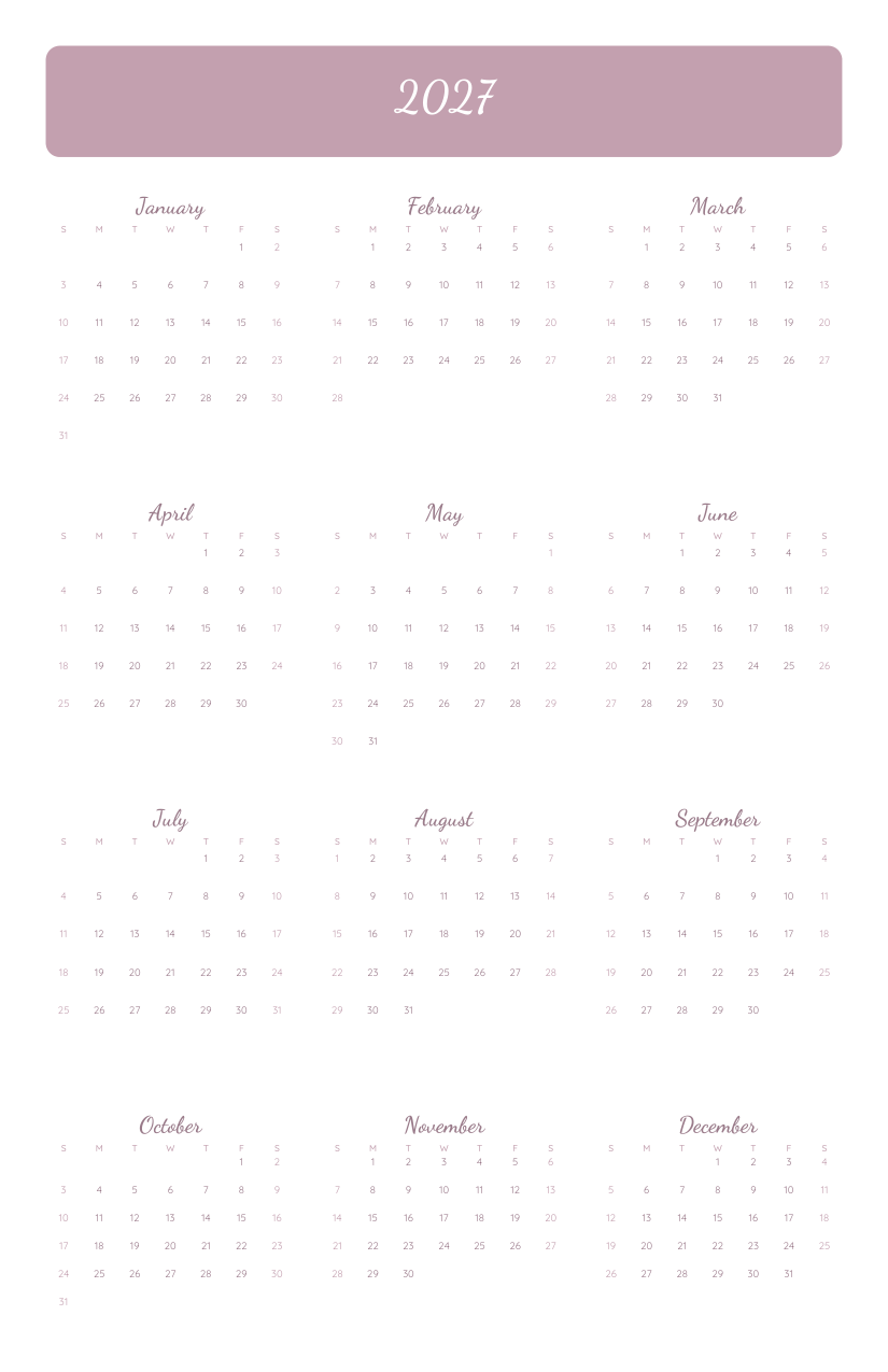 Weekly Life Planner 2027 — year at a glance