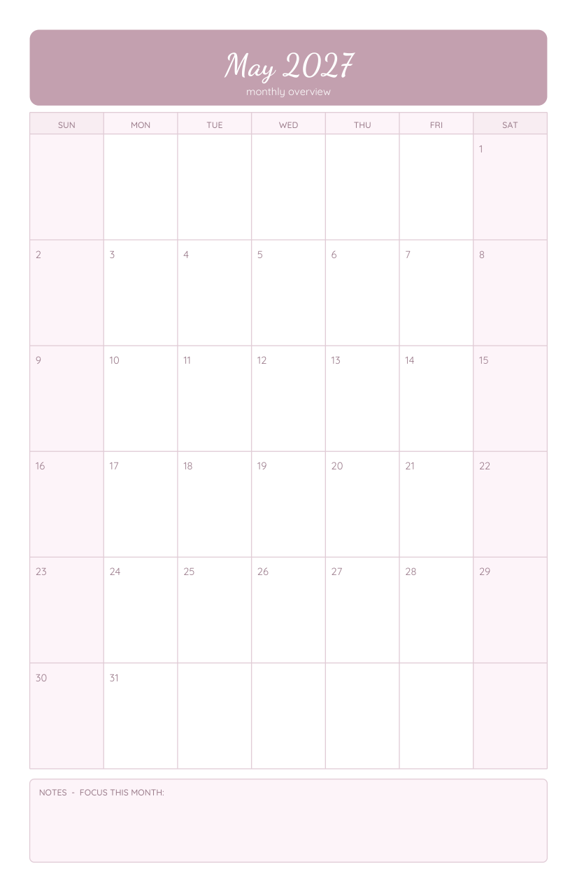 Weekly Life Planner 2027 — May monthly overview