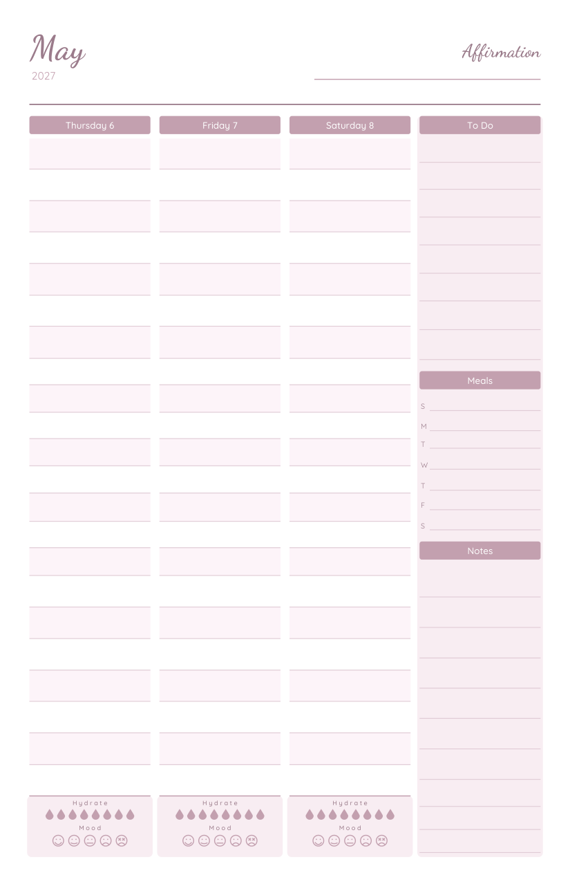 Weekly Life Planner 2027 — weekly spread, right page