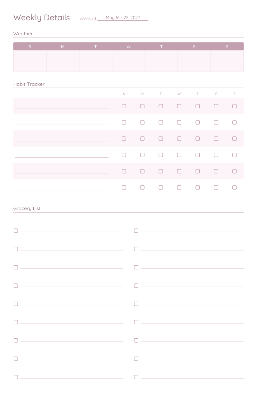 Weekly Life Planner 2027 — week details page, third week of May