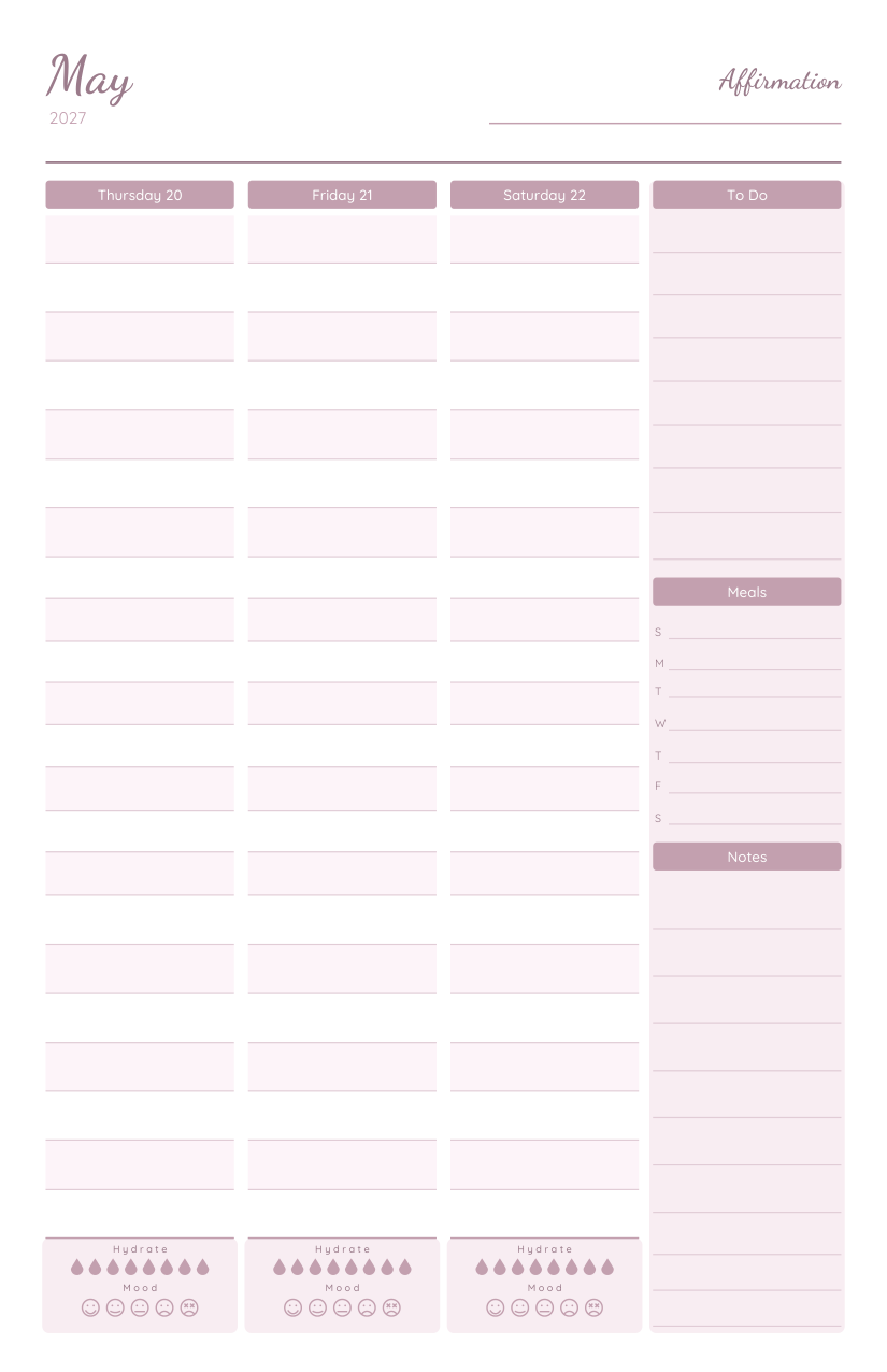 Weekly Life Planner 2027 — weekly spread, right page, third week of May