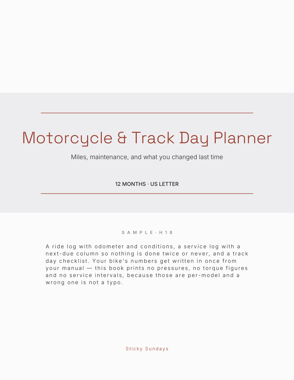 The Motorcycle & Track Day Planner 2027 title page