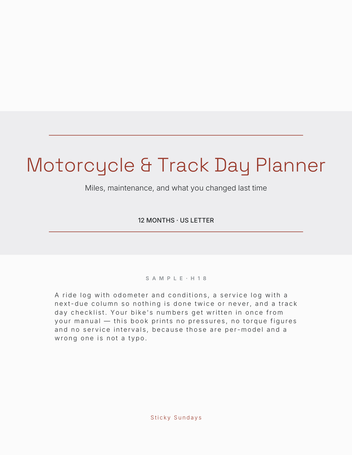 The Motorcycle & Track Day Planner 2027 title page