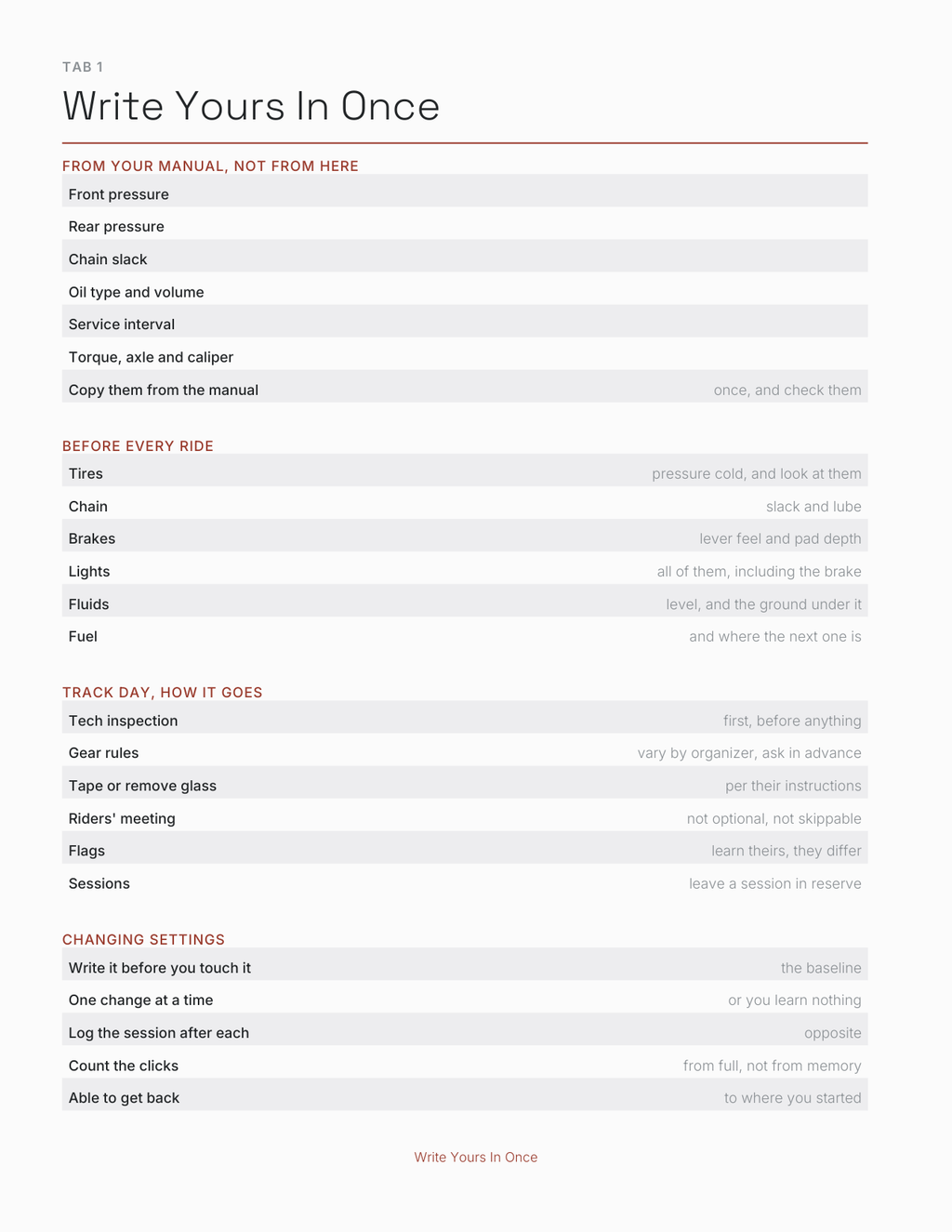 The Motorcycle & Track Day Planner 2027 — sample page 2