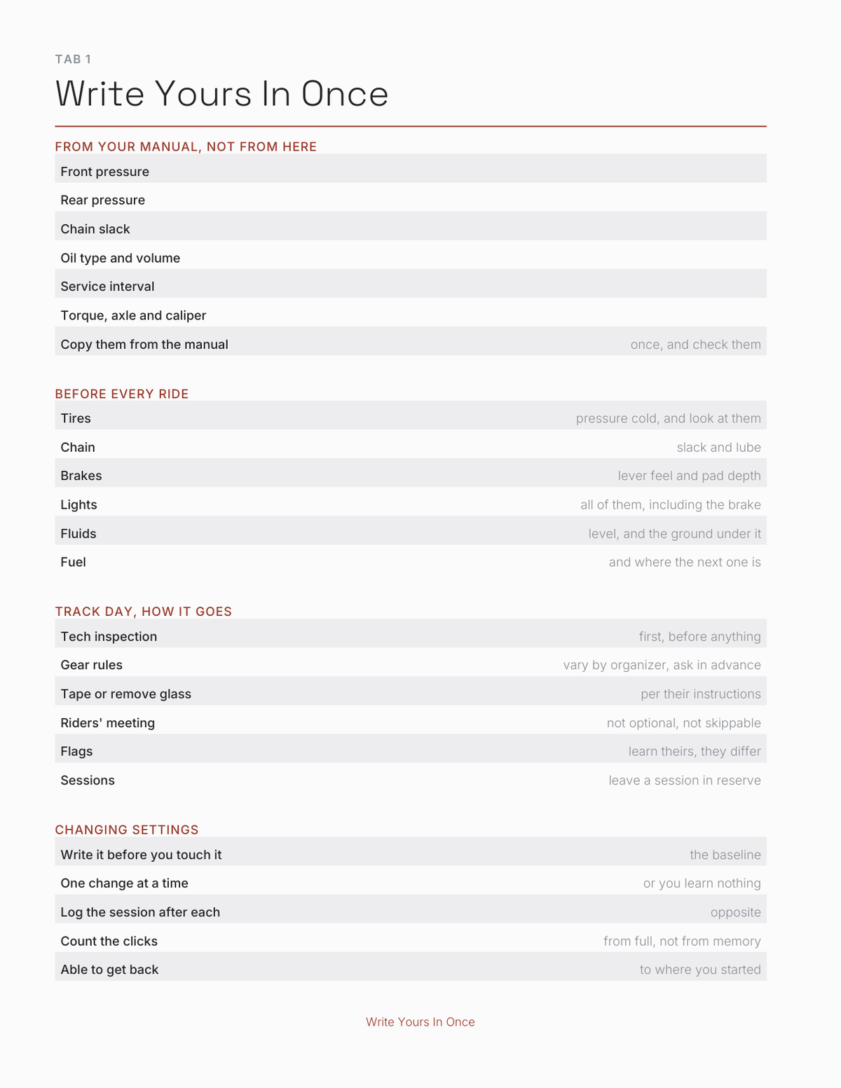 The Motorcycle & Track Day Planner 2027 — sample page 2