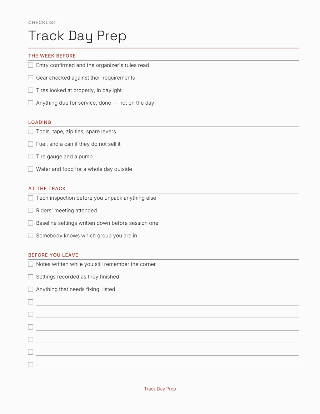 The Motorcycle & Track Day Planner 2027 — sample page 5