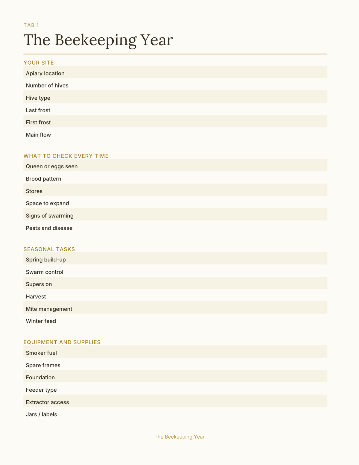 The Beekeeping Planner 2027 — sample page 2