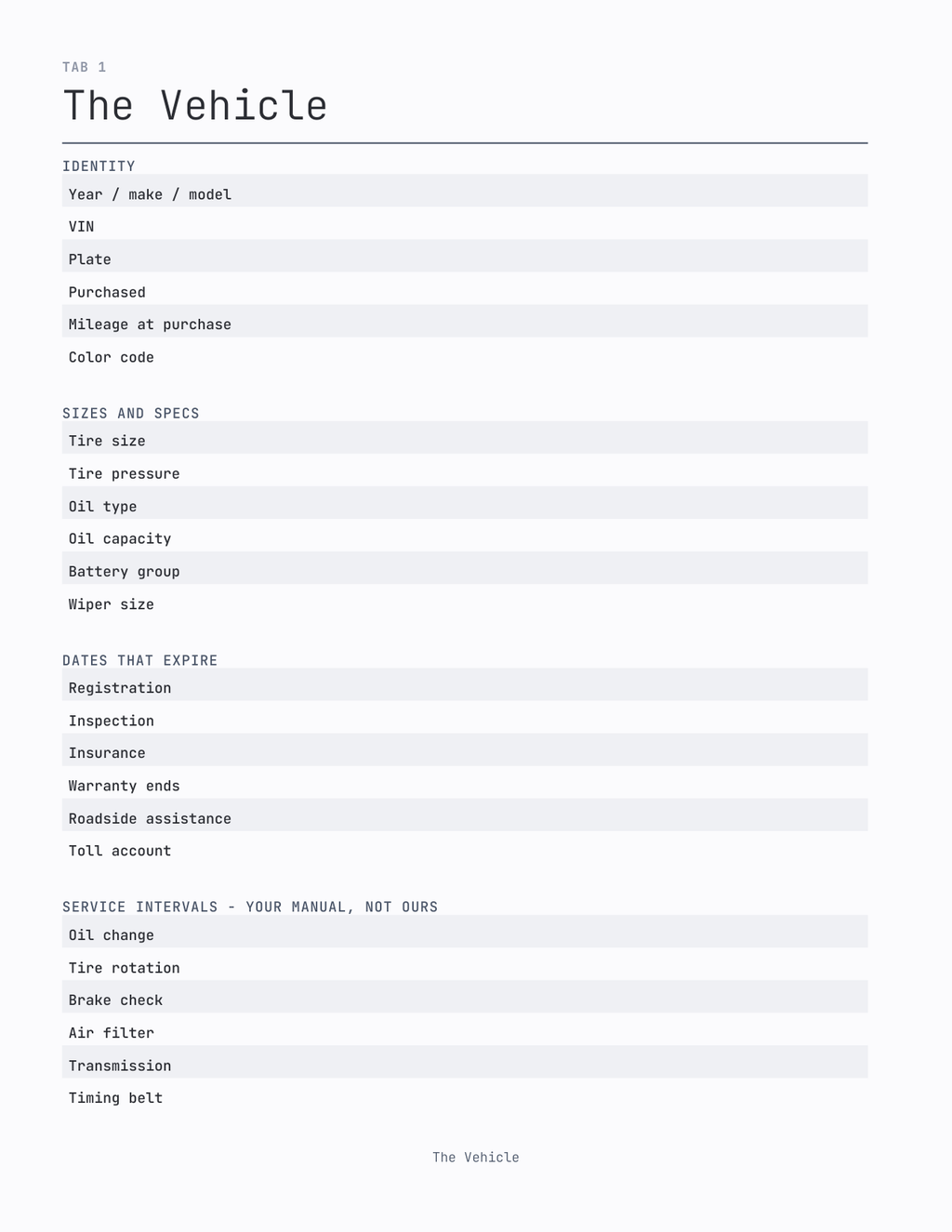The Vehicle Log 2027 — sample page 2