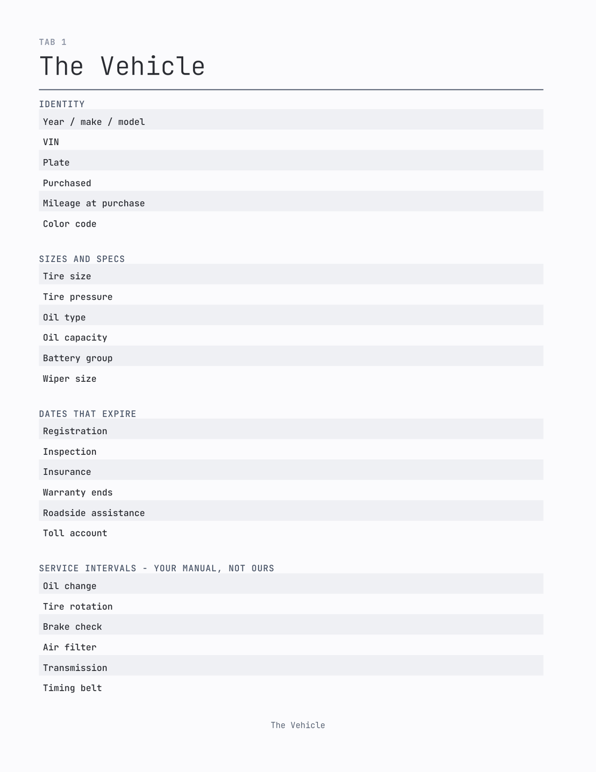 The Vehicle Log 2027 — sample page 2