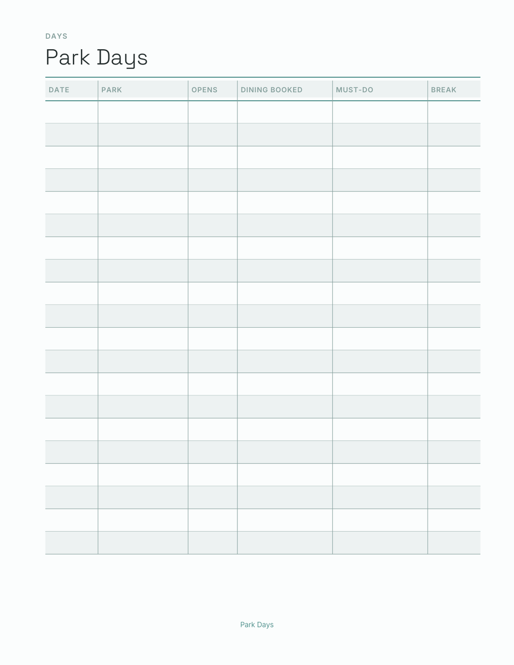 The Theme Park Trip Planner 2027 — sample page 3