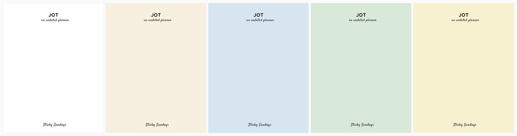 All five Jot Planner cover colors - white, cream, blue, green and yellow