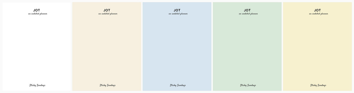 All five Jot Planner cover colors - white, cream, blue, green and yellow
