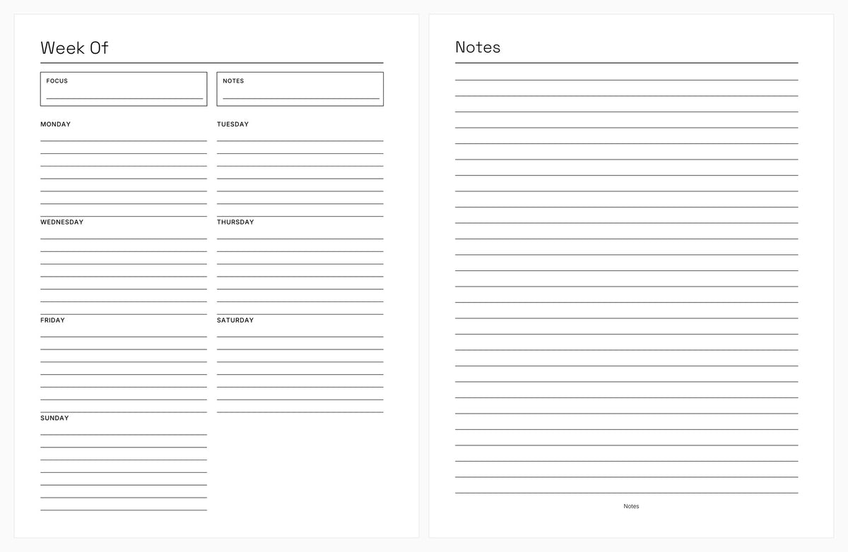 Inside the Jot Planner - an undated weekly page and a notes page