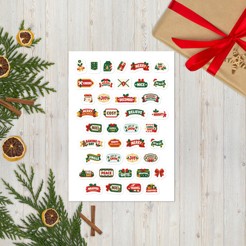 40 christmas words planner stickers on one kiss-cut 5.83 x 8.27 in sheet, permanent vinyl