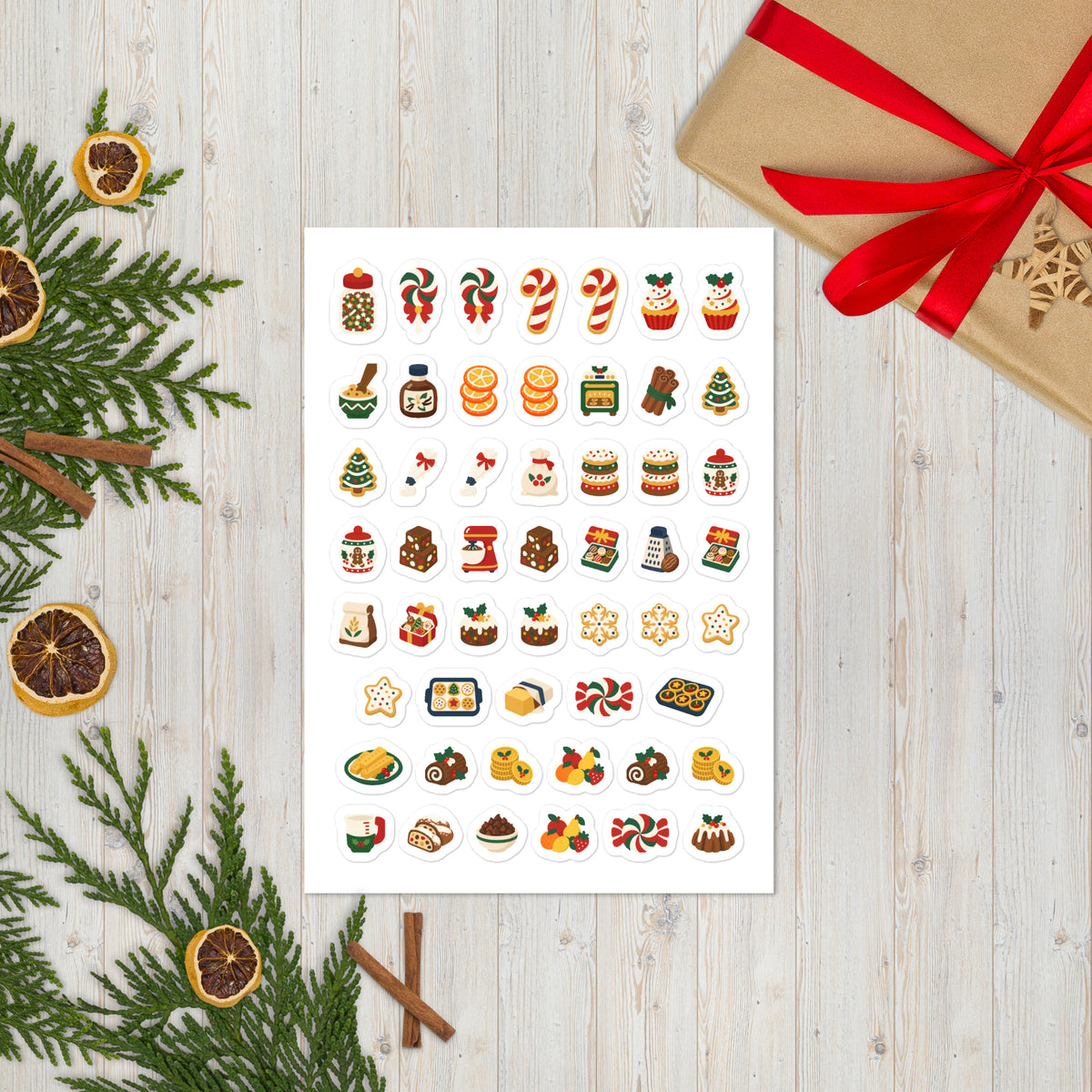 52 christmas baking planner stickers on one kiss-cut 5.83 x 8.27 in sheet, permanent vinyl