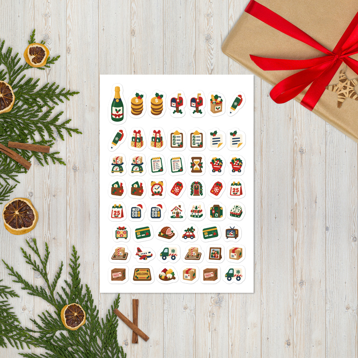 53 christmas prep planner stickers on one kiss-cut 5.83 x 8.27 in sheet, permanent vinyl
