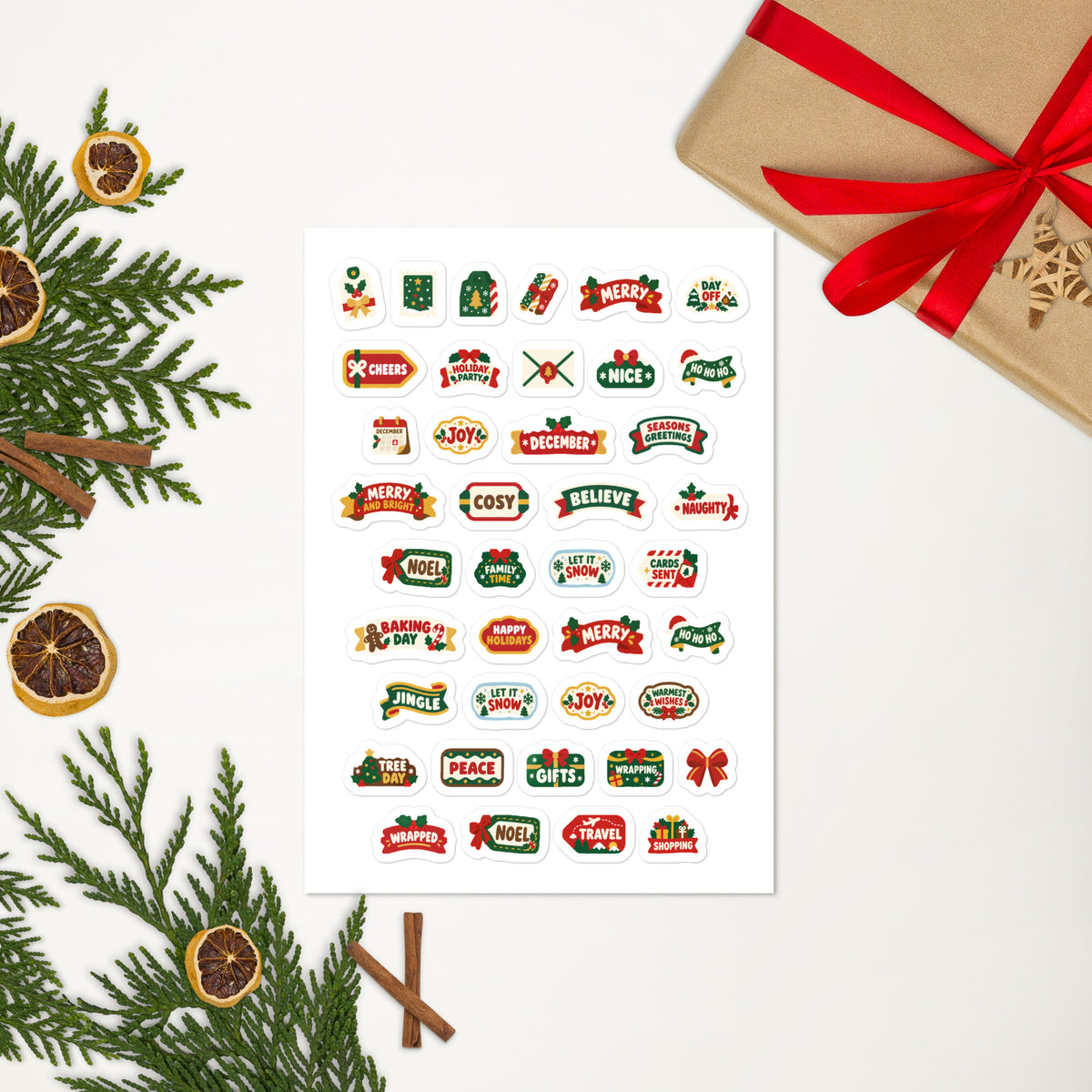 40 christmas words planner stickers on one kiss-cut 5.83 x 8.27 in sheet, permanent vinyl