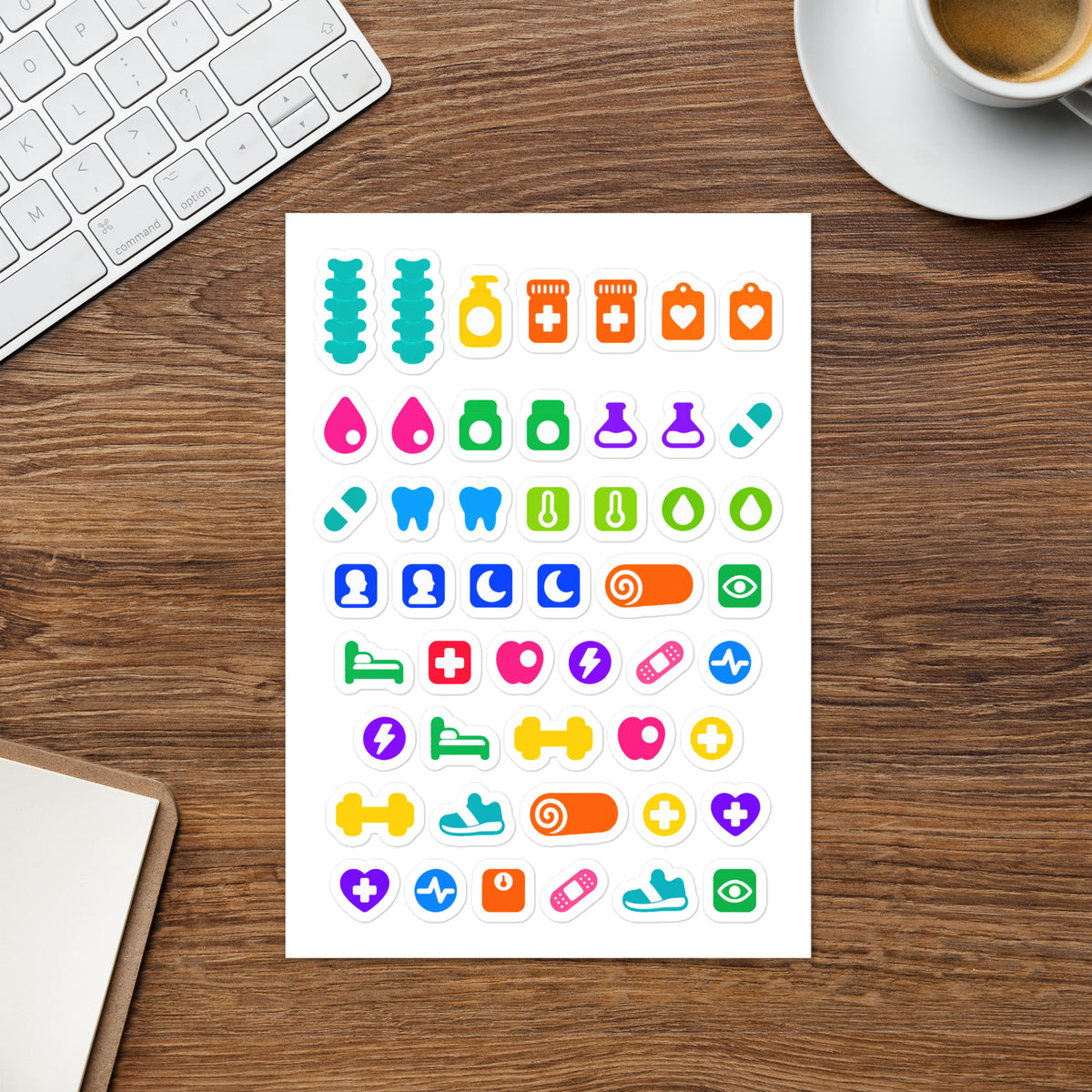 Health kiss-cut sticker sheet — appointment, medication and symptom icons for planners
