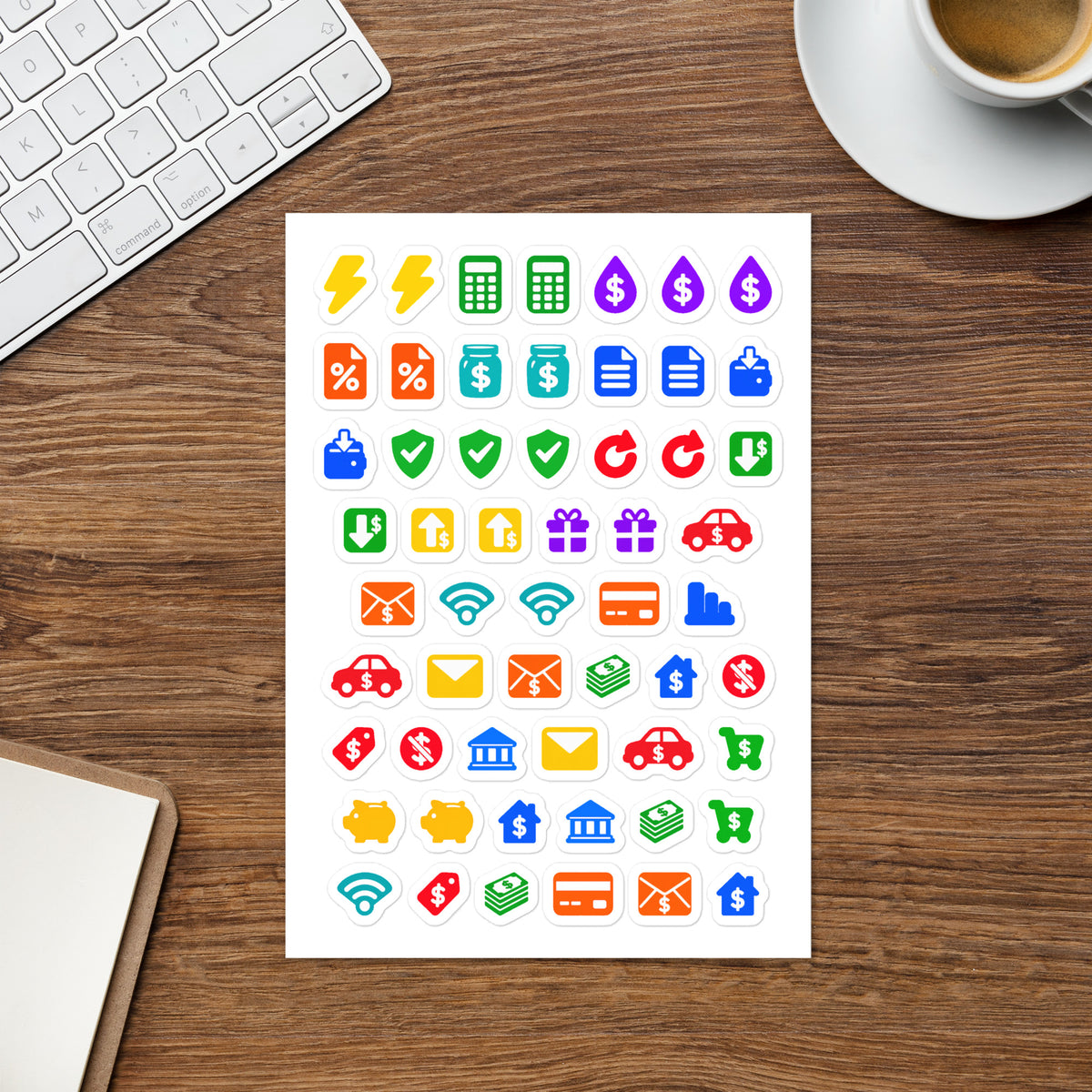 Money kiss-cut sticker sheet — bill due, payday and budget icons for planners