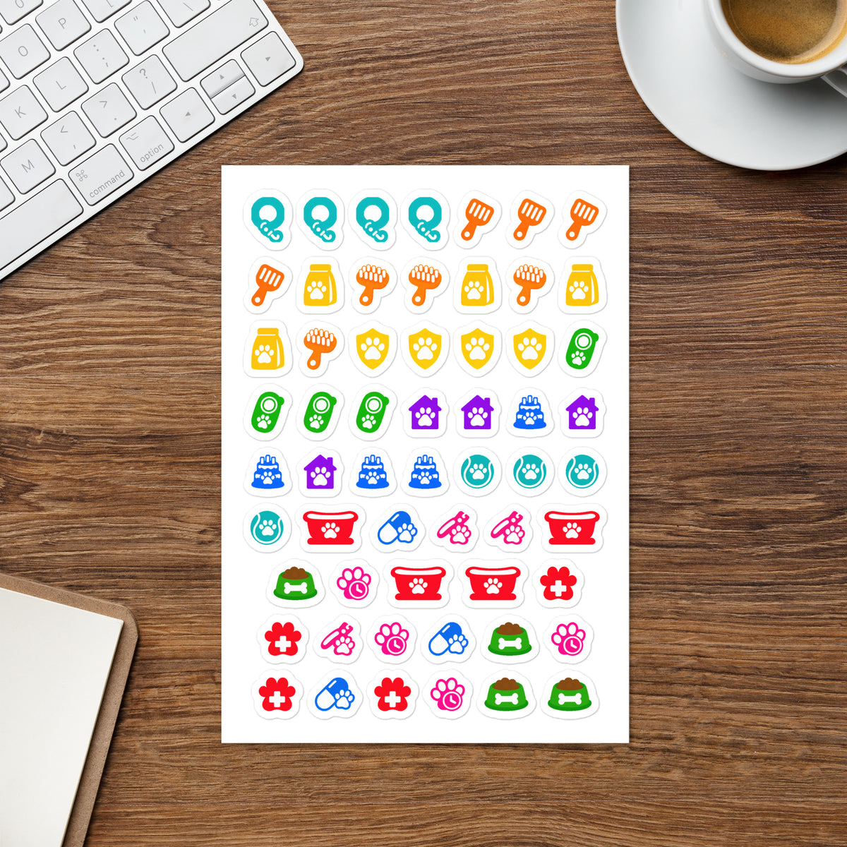 Pets kiss-cut sticker sheet — vet, grooming, feeding and walk icons for planners