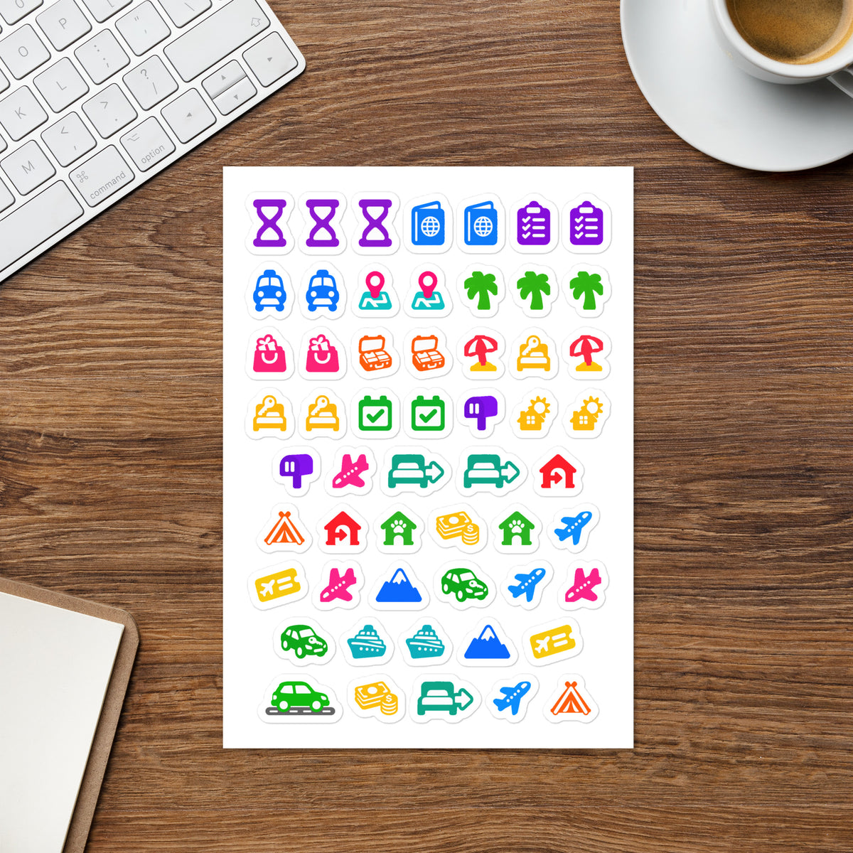 Travel & Vacation kiss-cut sticker sheet — 15 travel icon designs on one 5.83 x 8.27 in sheet