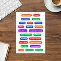 Money word label sticker sheet — bill due, paid and budget text labels, kiss-cut vinyl