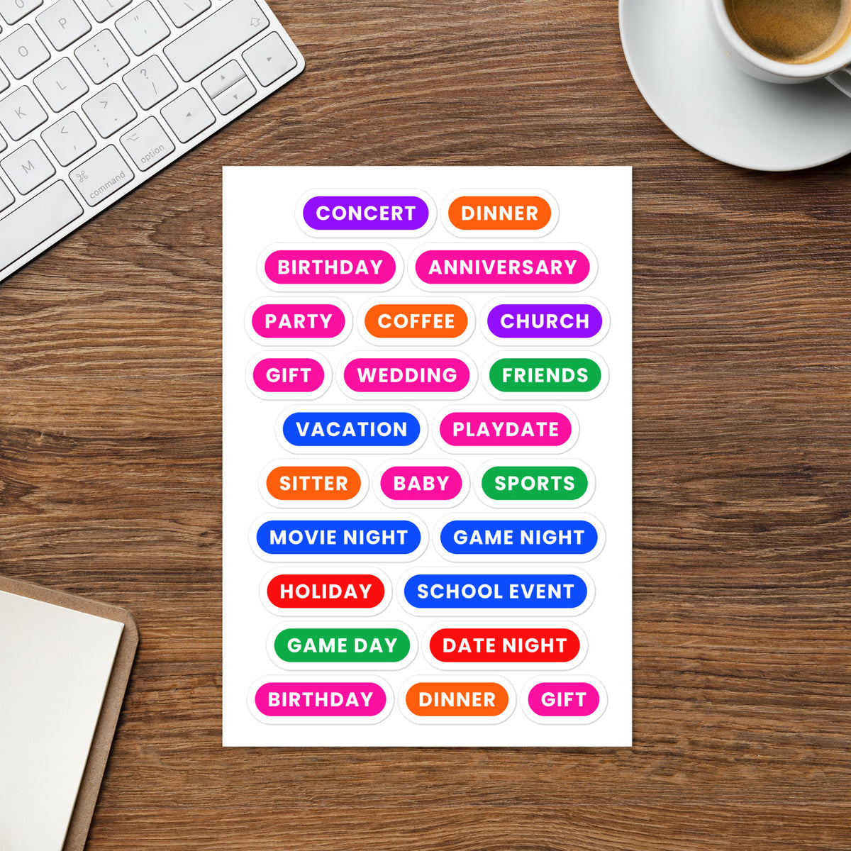 Life Events word label sticker sheet — birthday, anniversary and milestone text labels, kiss-cut vinyl