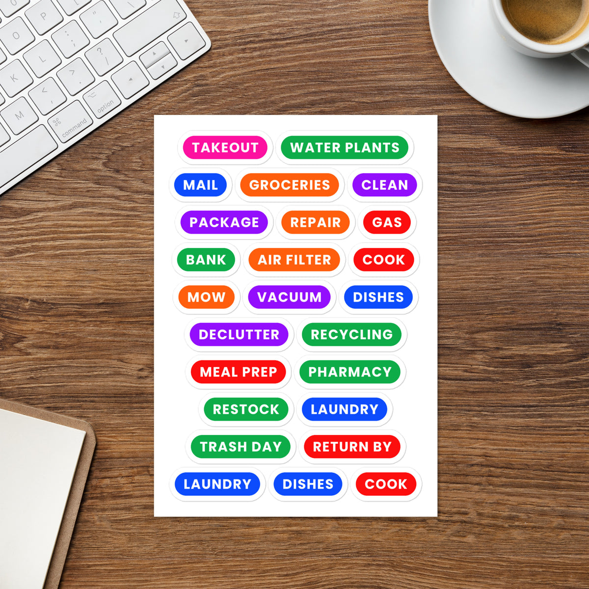 Home word label sticker sheet — cleaning, repairs and errand text labels, kiss-cut vinyl