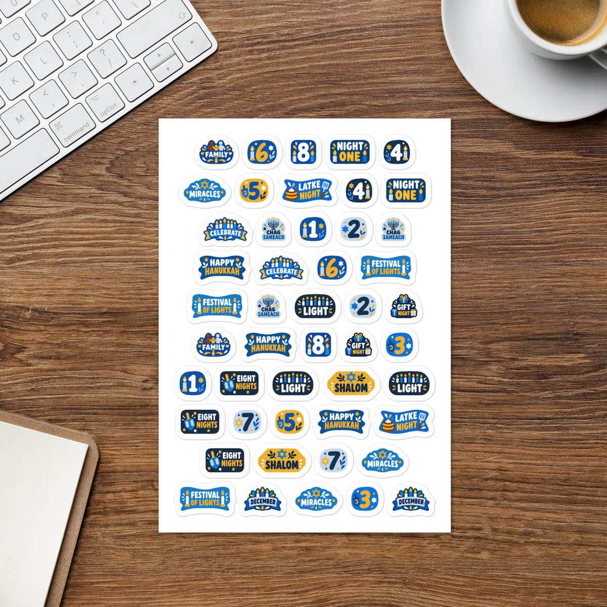 Hanukkah Eight Nights kiss-cut sticker sheet — night 1-8 numeral tiles and Hanukkah word banners, permanent vinyl
