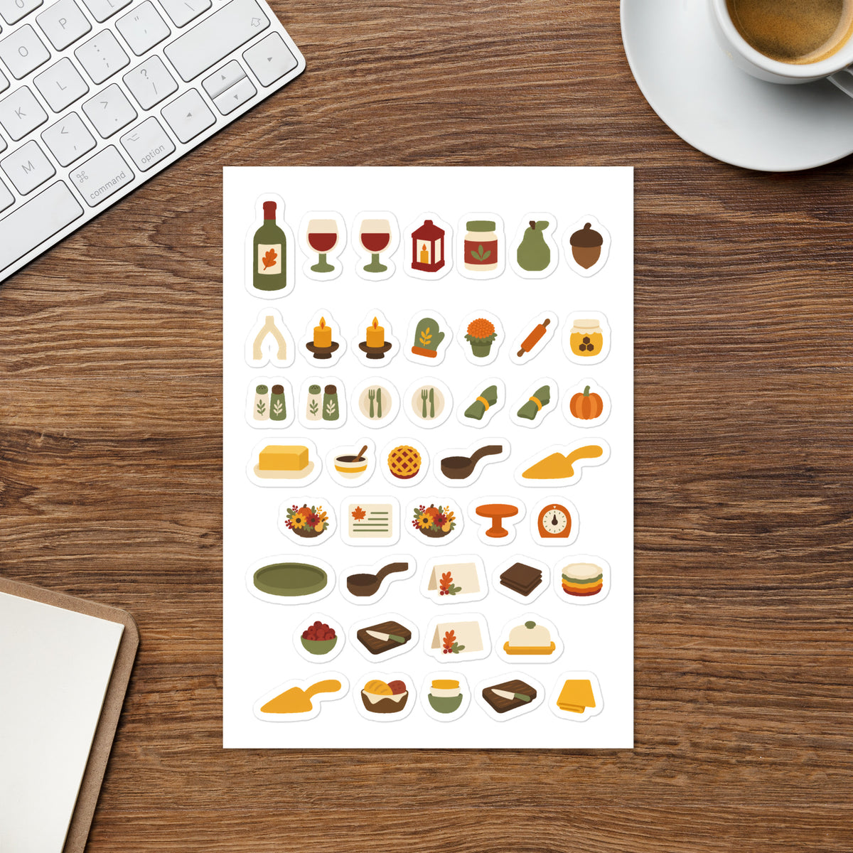 Thanksgiving Table kiss-cut sticker sheet — place setting, centerpiece and baking icons for hosts, permanent vinyl
