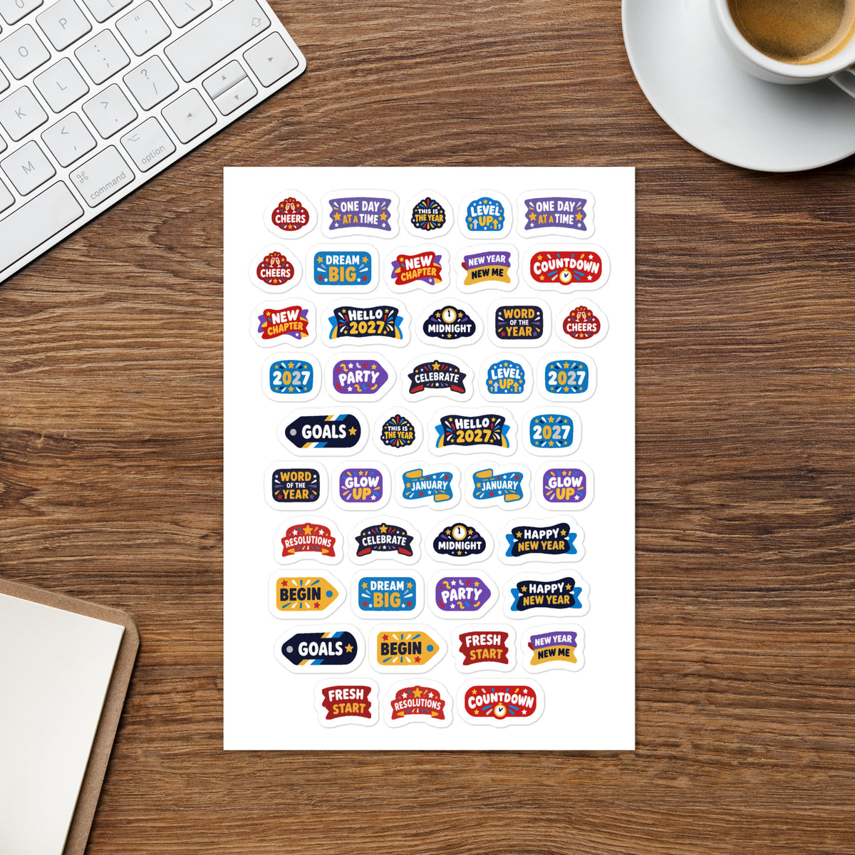 New Year Resolutions kiss-cut sticker sheet — HAPPY NEW YEAR, GOALS and FRESH START word banners, permanent vinyl