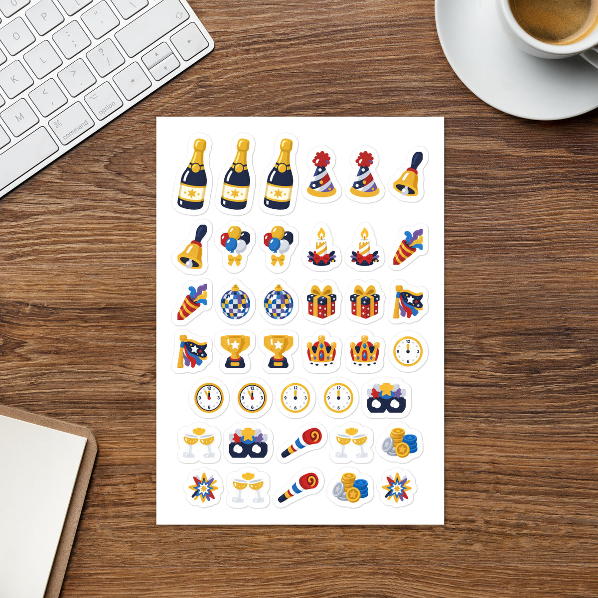 New Year Countdown kiss-cut sticker sheet — champagne, clock at midnight and party icons, permanent vinyl