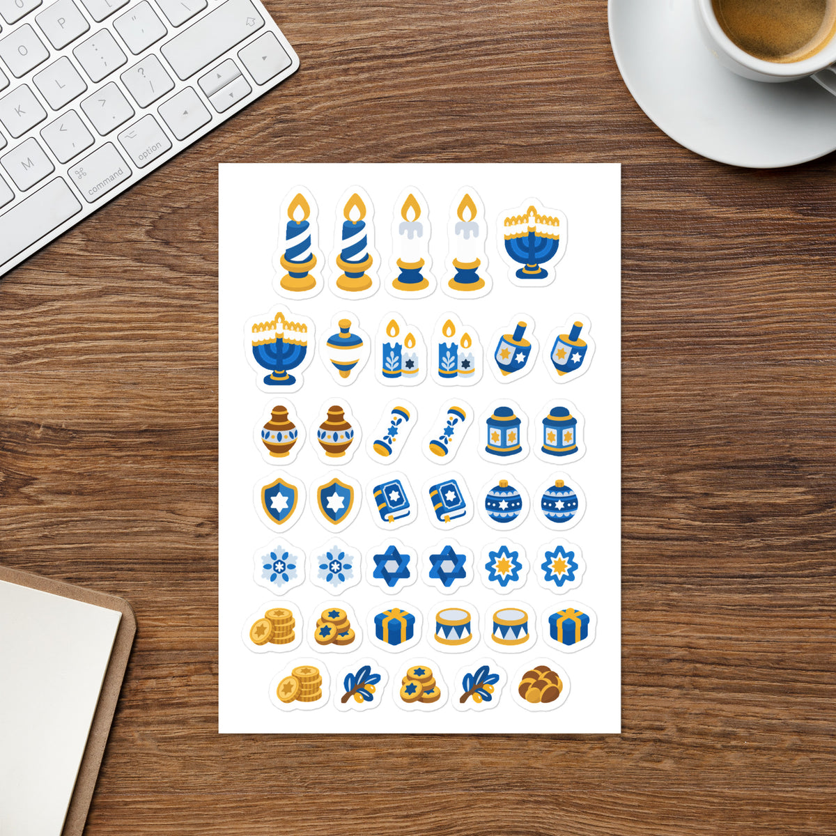 Hanukkah Symbols kiss-cut sticker sheet — menorah, dreidel, Star of David and candle planner stickers, permanent vinyl