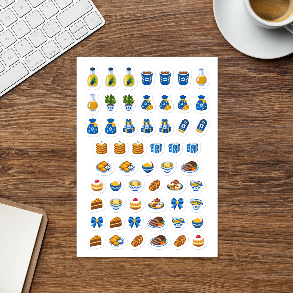 Hanukkah Food & Gifts kiss-cut sticker sheet — latke, sufganiyot, challah and gelt planner stickers, permanent vinyl