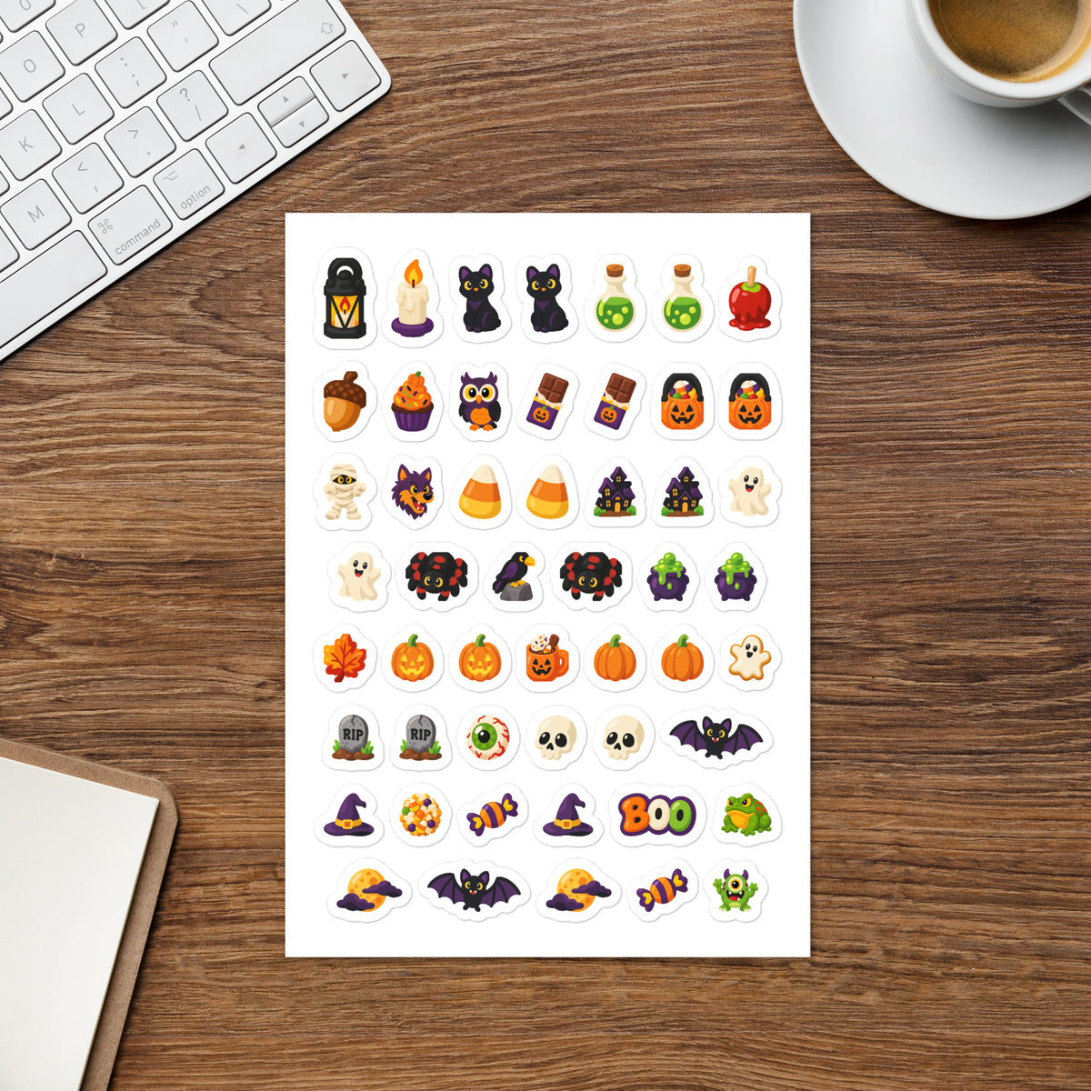 Halloween Classics kiss-cut sticker sheet — jack-o'-lantern, ghost, bat and witch planner stickers, permanent vinyl