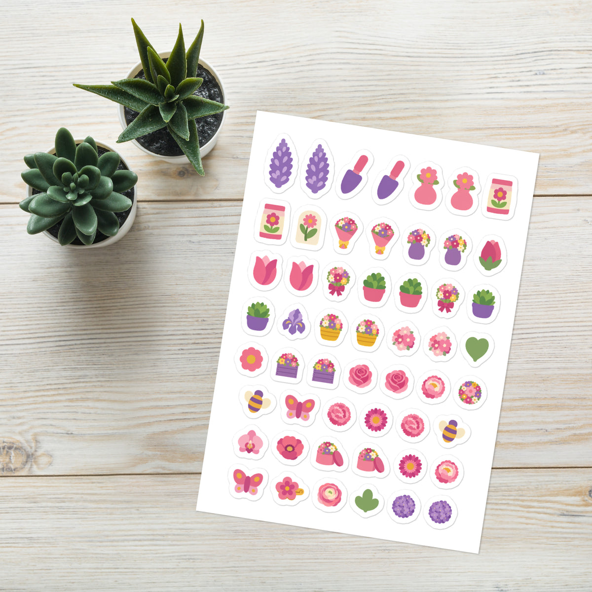 53 mother's day flowers planner stickers on one kiss-cut 5.83 x 8.27 in sheet, permanent vinyl
