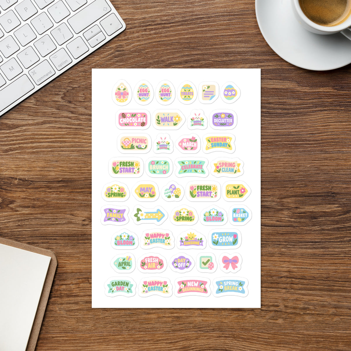 41 easter word planner stickers on one kiss-cut 5.83 x 8.27 in sheet, permanent vinyl