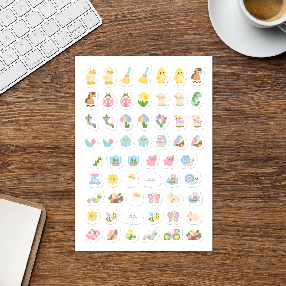 58 spring & baby animal planner stickers on one kiss-cut 5.83 x 8.27 in sheet, permanent vinyl