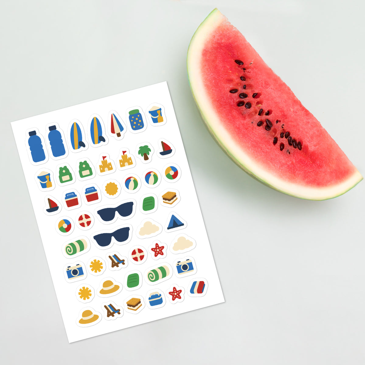 47 summer planner stickers on one kiss-cut 5.83 x 8.27 in sheet, permanent vinyl