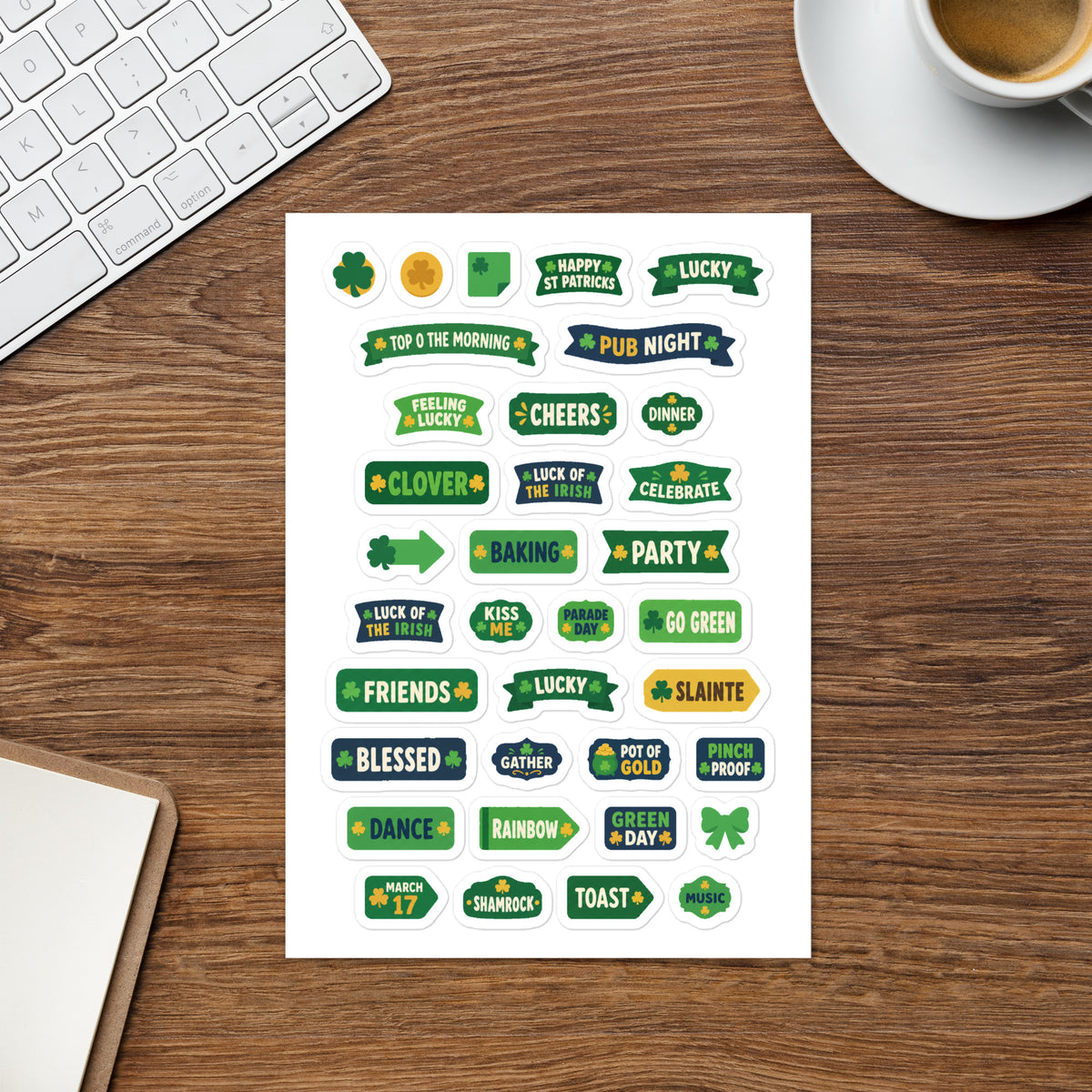 35 st patrick's word planner stickers on one kiss-cut 5.83 x 8.27 in sheet, permanent vinyl