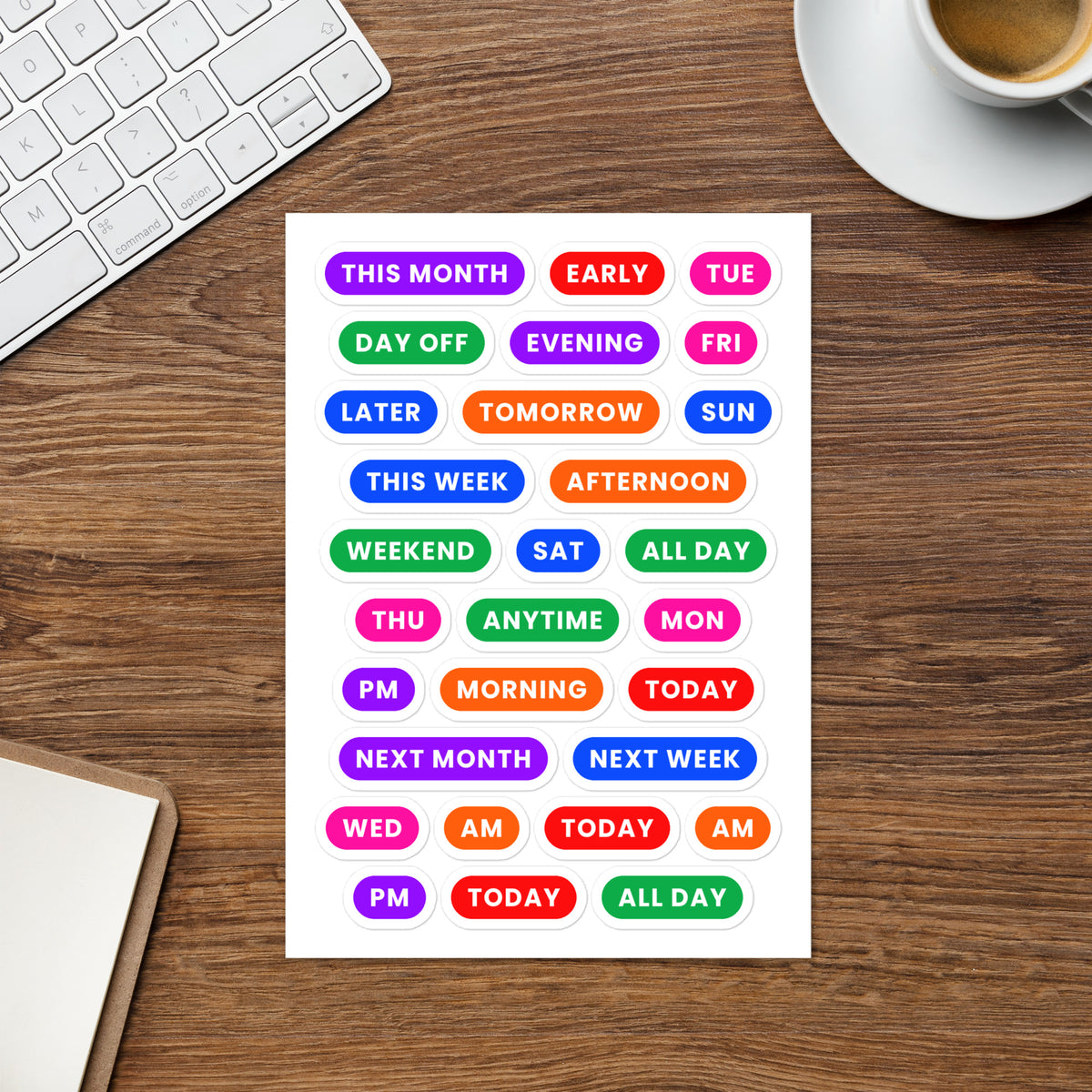 29 time word planner labels on one kiss-cut 5.83 x 8.27 in sheet, permanent vinyl