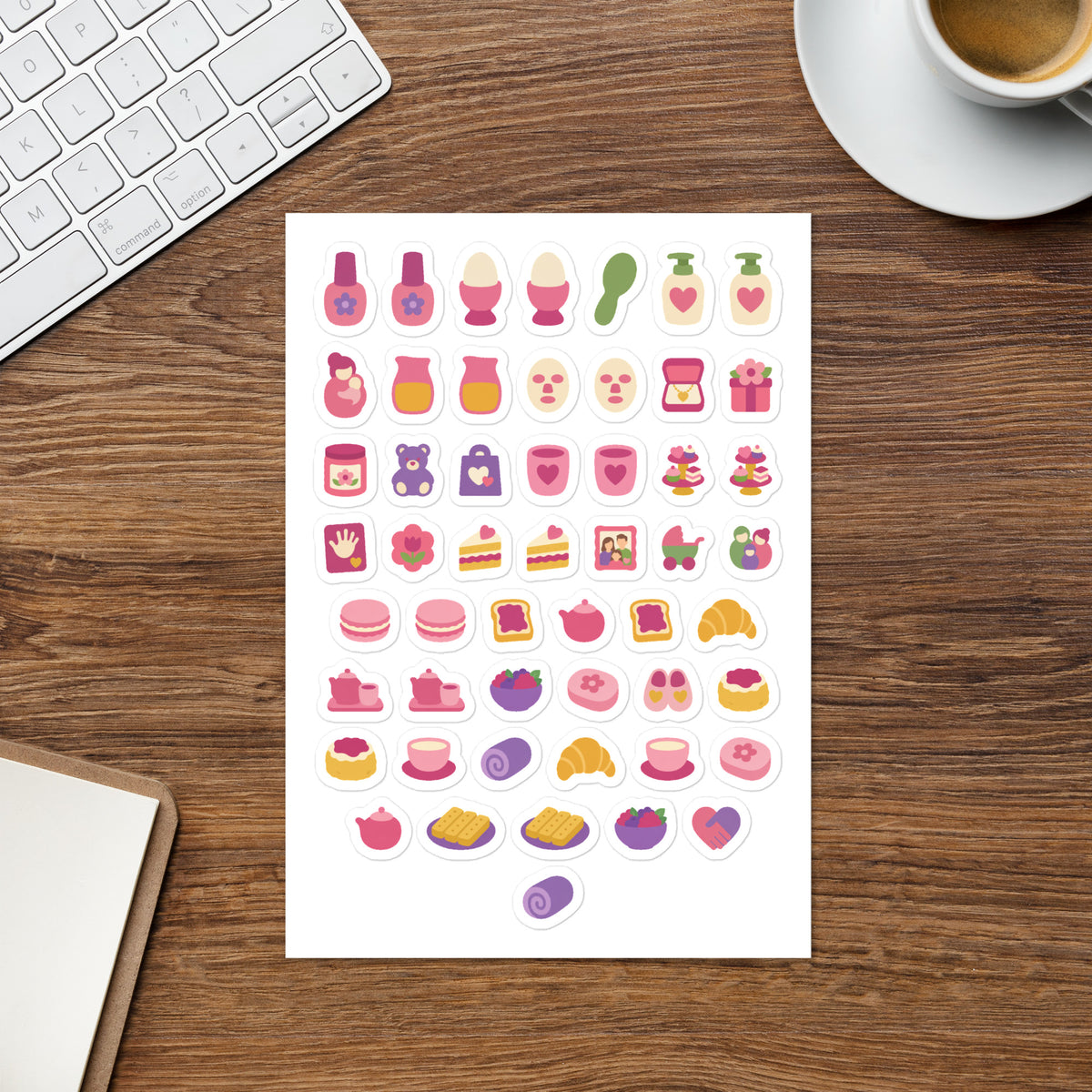 52 mother's day pamper planner stickers on one kiss-cut 5.83 x 8.27 in sheet, permanent vinyl