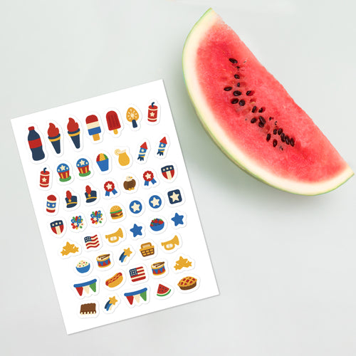 49 4th of july planner stickers on one kiss-cut 5.83 x 8.27 in sheet, permanent vinyl