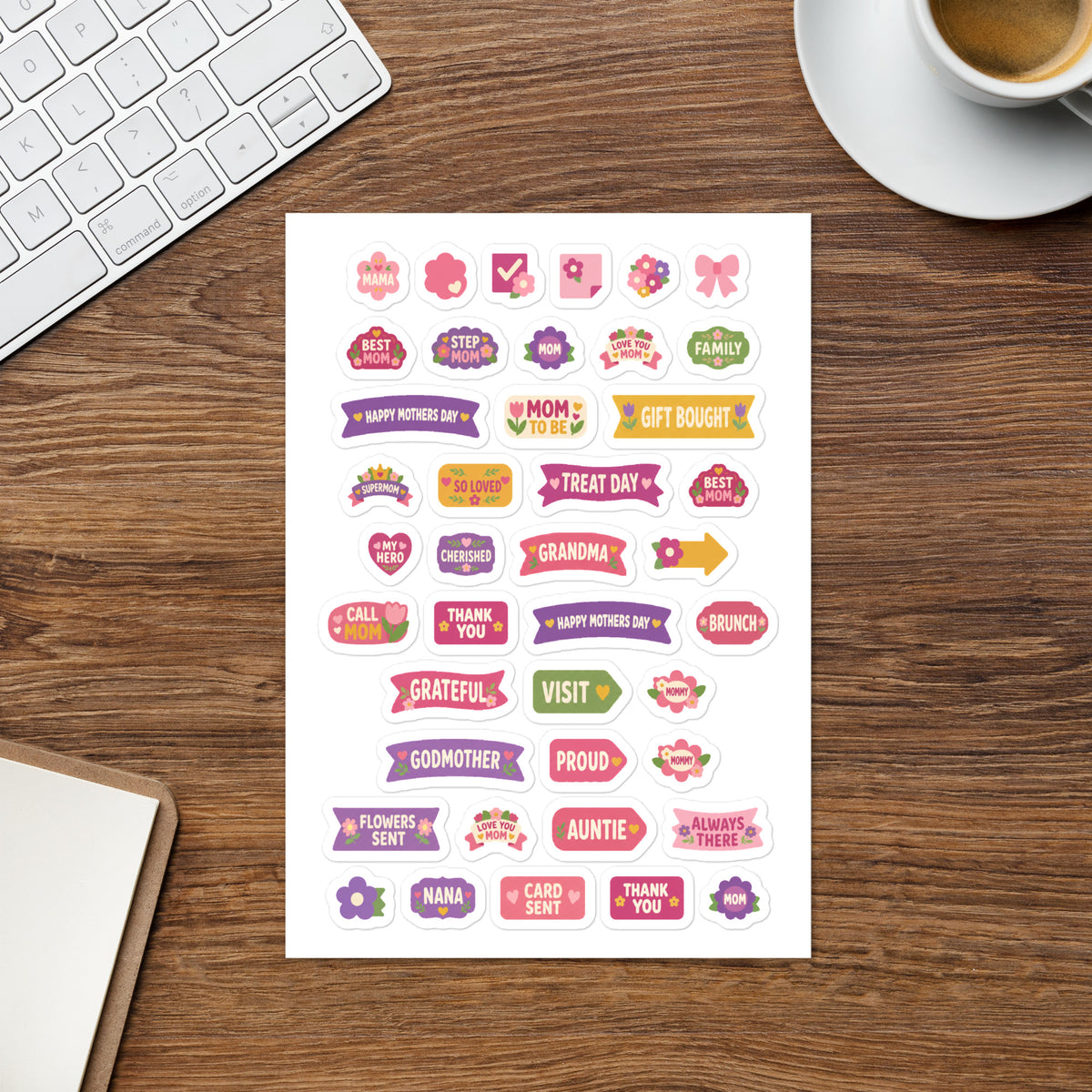 41 mother's day word planner stickers on one kiss-cut 5.83 x 8.27 in sheet, permanent vinyl
