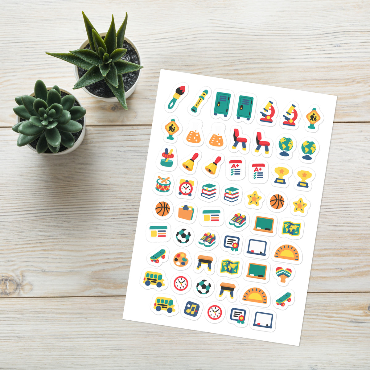 57 classroom planner stickers on one kiss-cut 5.83 x 8.27 in sheet, permanent vinyl