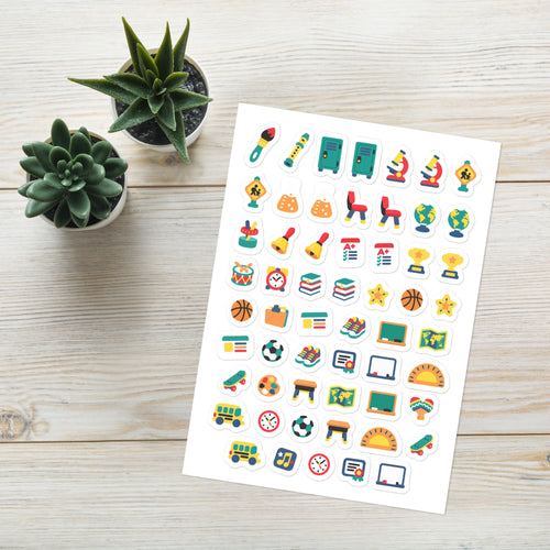 57 classroom planner stickers on one kiss-cut 5.83 x 8.27 in sheet, permanent vinyl