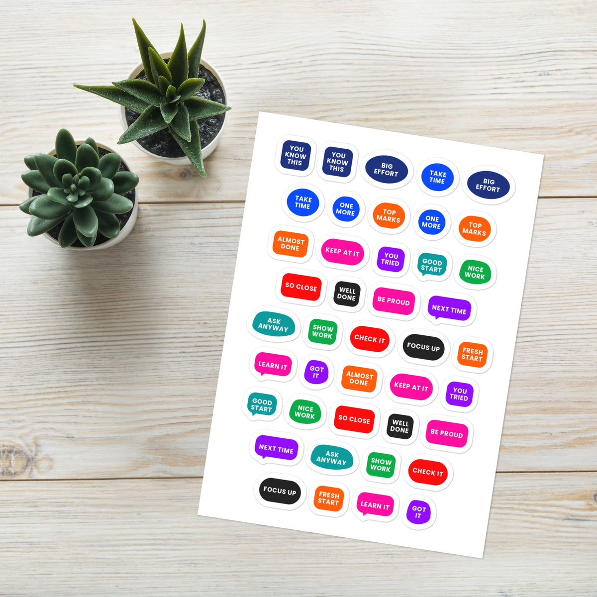 42 encouragement planner stickers on one kiss-cut 5.83 x 8.27 in sheet, permanent vinyl