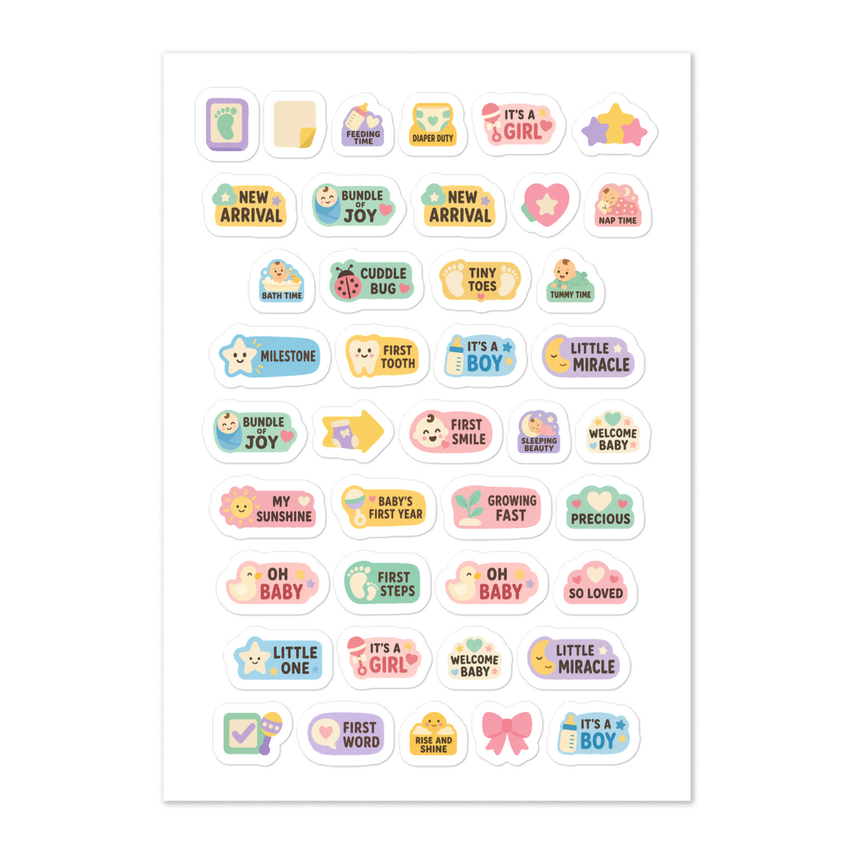 41 baby word planner stickers on one kiss-cut 5.83 x 8.27 in sheet, permanent vinyl