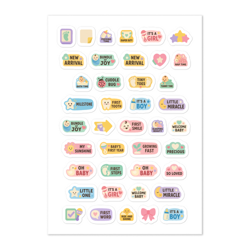41 baby word planner stickers on one kiss-cut 5.83 x 8.27 in sheet, permanent vinyl
